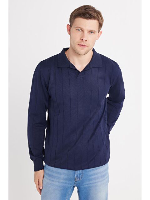 TUDORS Erkek Slim Fit Dar Kesim Uzun Kol Polo Yaka Çizgili Lacivert Kazak - S000519820-21164