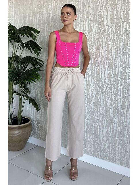 Gülseli Bel Lastikli Paça Püsküllü Kadın Keten Pantolon - S000412619-25636