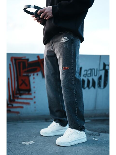 Abluka Online Erkek Baggy Fit Nakışlı Frayed Jean Pantolon Siyah - S000487334-19351
