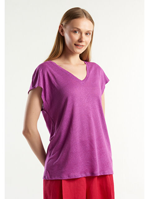 United Colors Of Benetton Kadın Mor %100 Keten Rahat Kalıp Derin V Yaka Kolsuz Tişört - S000306189-20042