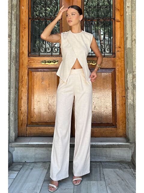 Gülseli Bel Bağcıklı Keten Bluz Pantolon İkili Takım - S000412624-25636