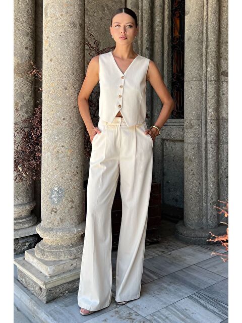 Gülseli Kadın Astarlı Yelek Pantolon İkili Keten Takım - S000412625-25636