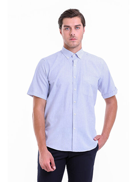 Hatemoğlu Mavi Regular Fit Desenli Pamuklu Düğmeli Yaka Kısa Kol Klasik Gömlek - S000288924-17234