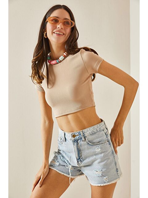 Xhan Bej Bisiklet Yaka Crop Bluz 5YXK2-48551-25 - S000194013-19928