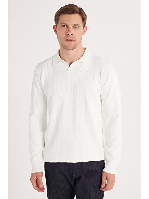 TUDORS Erkek Slim Fit Dar Kesim Uzun Kol Polo Yaka Çizgili Beyaz Kazak - S000519821-20063