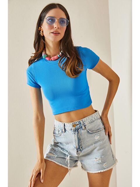 Xhan Mavi Bisiklet Yaka Crop Bluz 5YXK2-48551-12 - S000194013-17234