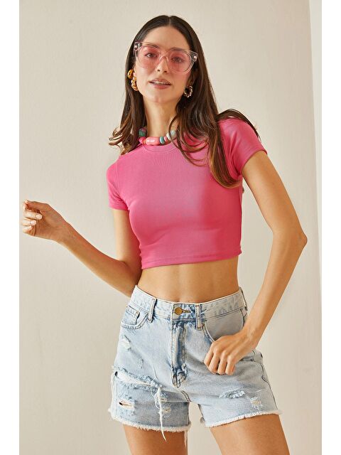 Xhan Pembe Bisiklet Yaka Crop Bluz 5YXK2-48551-20 - S000194013-20024