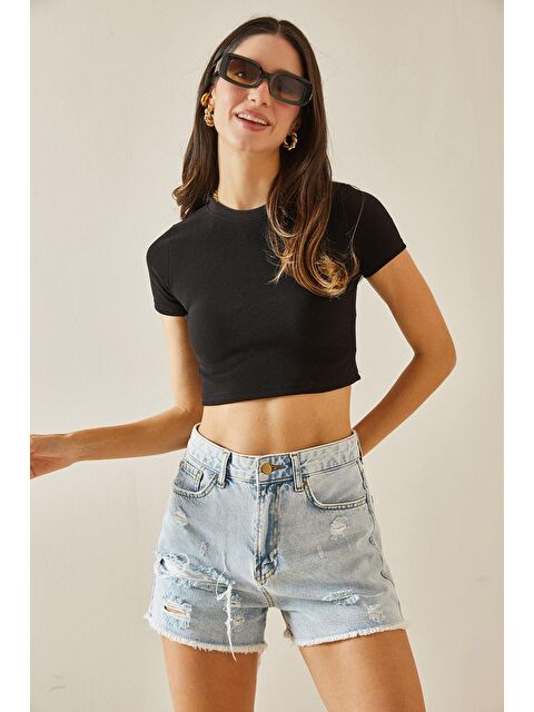 Xhan Siyah Bisiklet Yaka Crop Bluz 5YXK2-48551-02 - S000194013-19351