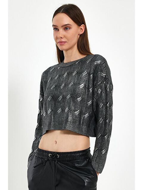 Sherin Antrasit Sim Baskılı Kısa Triko Kazak - S000126477-29666