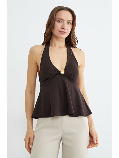 Fullamoda Toka Aksesuarlı Boyundan Geçirmeli Kaplı Bluz - S000529228-19413