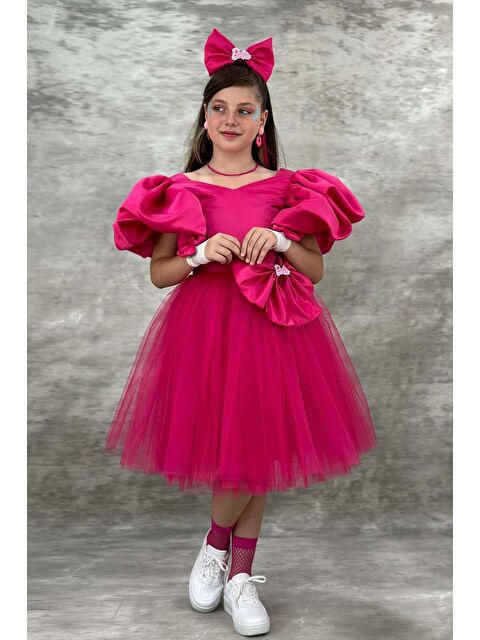 Riccotarz Kız Çocuk Göğsü Saten Kumaş Beli Fiyonk Detaylı Karpuz Kollu Tüllü Fuşya Abiye - S000490551-18686