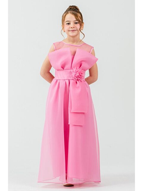 Mnk Baby & Kids Kız Çocuk Organze Tül Çiçek ve Fiyonk Detaylı Gipe Sırtlı Prenses Abiye Elbise M00800 - S000509447-20024