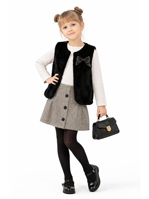 Ahengim Kız Çocuk Premium Tasarım Kürk Yelek & Ekose Etek Badili Takım Ak271-272 - S000490554-19351