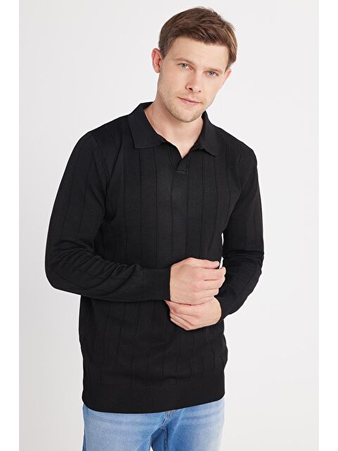 TUDORS Erkek Slim Fit Dar Kesim Uzun Kol Polo Yaka Çizgili Siyah Kazak - S000519823-19351