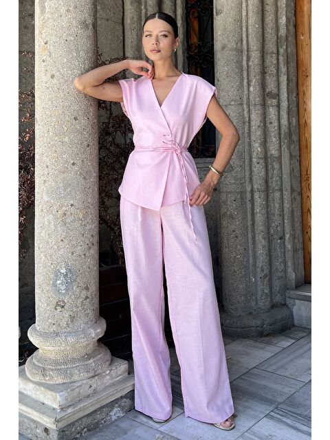 Gülseli Bel Bağlamalı Astarlı Kadın Yelek Pantolon Keten İkili Takım - S000412629-20024