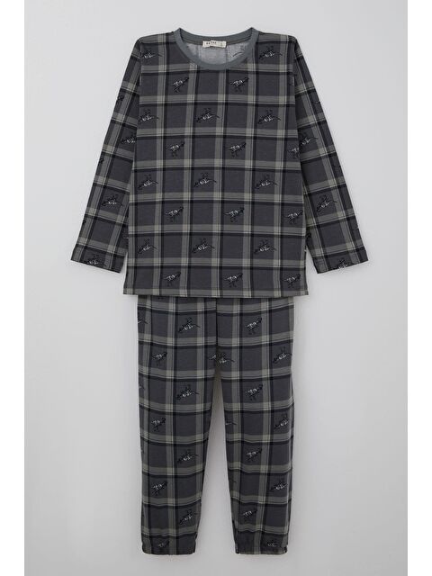Breeze Erkek Çocuk Pijama Takımı Dinozor Krallığı Ekose Desenli Gri (4-8 Yaş) - S000490555-20600