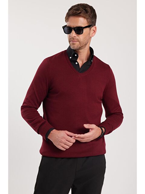 TUDORS Erkek Standart Fit Normal Kesim V Yaka Pamuklu Bordo Triko Kazak - S000519824-19951
