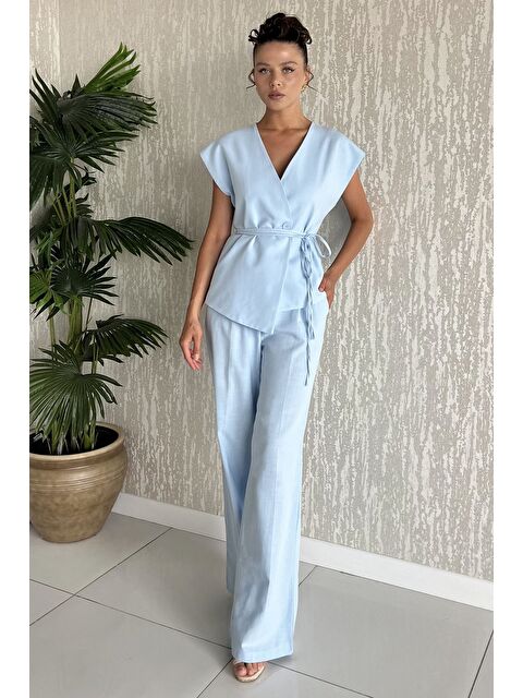 Gülseli Bel Bağlamalı Astarlı Kadın Yelek Pantolon Keten İkili Takım - S000412629-17234