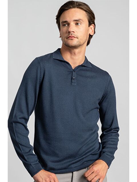 TUDORS Erkek Slim Fit Düğmeli Polo Yaka Düz İndigo Triko Kazak - S000519826-23093