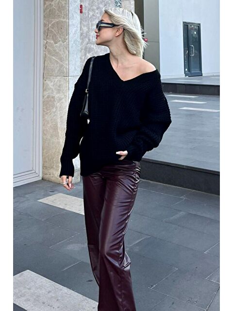 Madmext Siyah Oversize V Yaka Triko Kazak Mg1440 - S000121858-19351