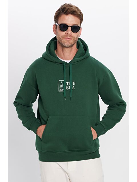 TUDORS Unisex Oversize Geniş Kesim Pamuklu Yumuşak Dokulu İçi Polarlı Baskılı Yeşil Kapüşonlu Erkek Hoodie - S000314811-18194