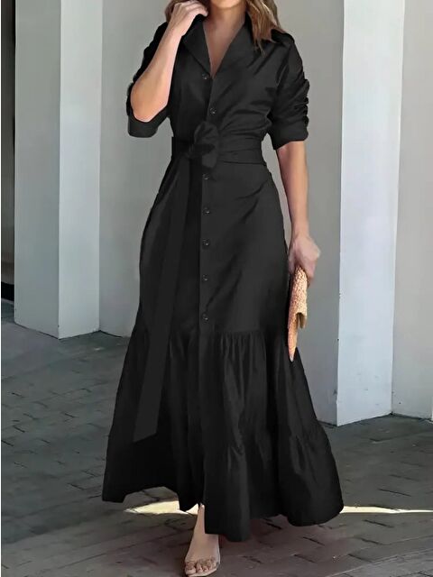 Jane's Kadın Uzun Kollu Eteği Fırfırlı Beli Kuşaklı Trikoton Tam Boy Gömlek Elbise - S000529233-19351