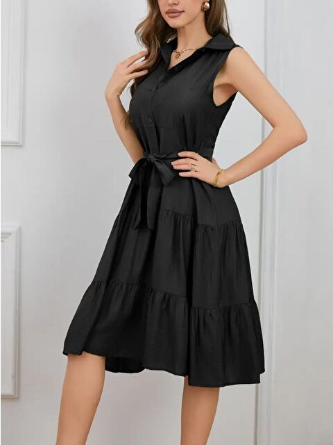 Jane's Kadın Kısa Kollu Gömlek Yaka Düğmeli Beli Kuşaklı Katlı Dokuma Midi Elbise - S000529236-19351