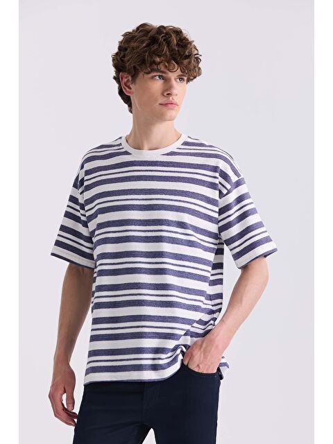 JAKAMEN Ekru Çizgili Bisiklet Yaka T-Shirt - S000496998-19965