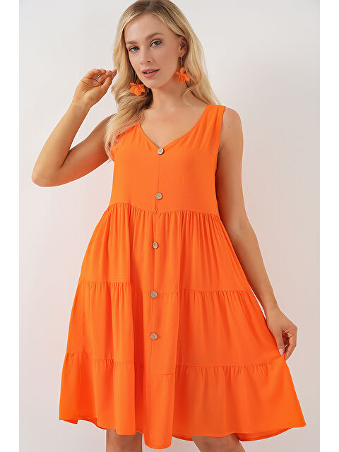 Bigdart Kadın Sıfır Kol Düğmeli Kısa Elbise 2571 - Turuncu - S000396442-20013