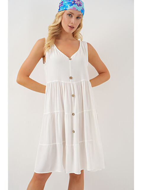 Bigdart Kadın Sıfır Kol Düğmeli Kısa Elbise 2571 - Beyaz - S000396442-20063