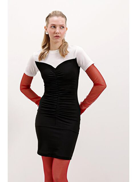 Bigdart 2472 Büzgülü Mini Elbise - Siyah - S000206217-19351