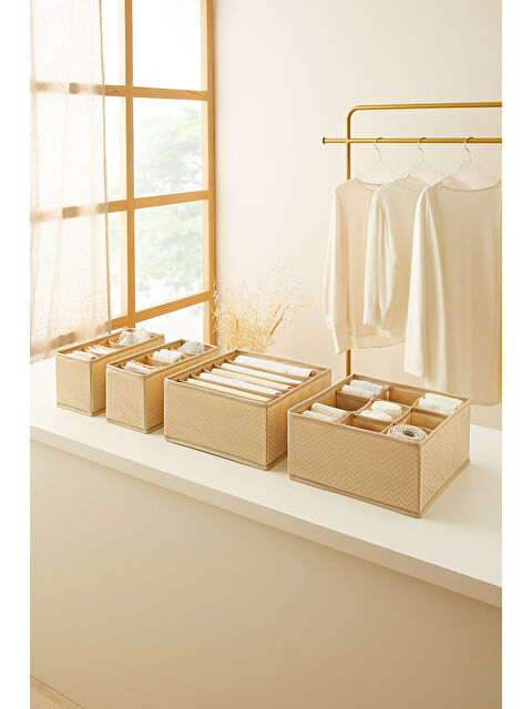 Ocean Home Textile 4'lü Bölmeli Bej Balıksırtı Çekmece İçi Düzenleyici Kutu Set - S000271956-19928