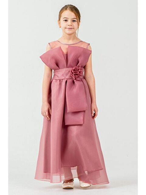 Mnk Baby & Kids Kız Çocuk Organze Tül Çiçek ve Fiyonk Detaylı Gipe Sırtlı Prenses Abiye Elbise M00800 - S000509447-20028