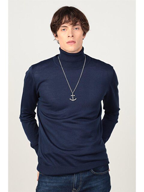 TUDORS Erkek Slim Fit Tam Boğazlı Yaka Düz Yün Lacivert Triko Kazak