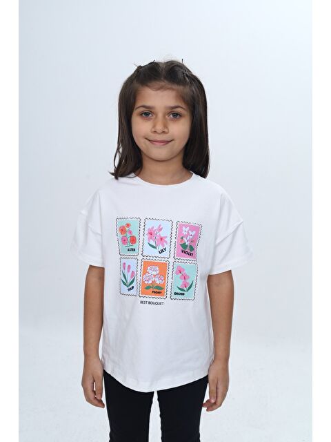 Toontoykids Kız Çocuk Baskılı Bisiklet Yaka Düşük Omuz Kısa Kollu Tişört 24982