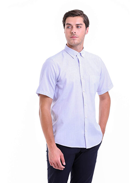 Hatemoğlu Lila Regular Fit Desenli Pamuklu Düğmeli Yaka Kısa Kol Klasik Gömlek - S000288924-17878