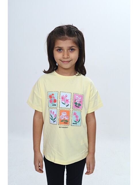 Toontoykids Kız Çocuk Baskılı Bisiklet Yaka Düşük Omuz Kısa Kollu Tişört 24982