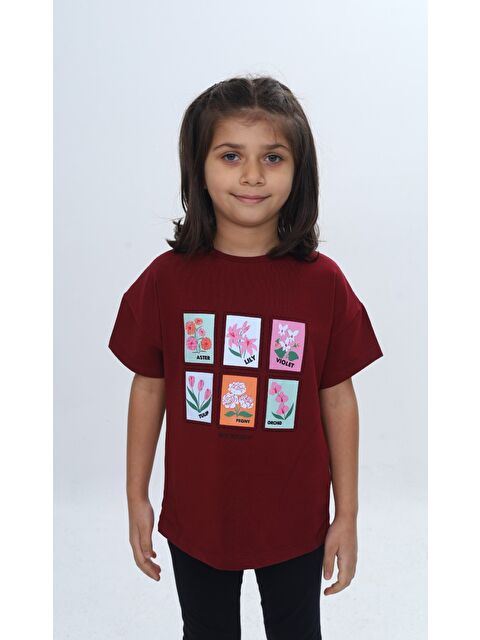 Toontoykids Kız Çocuk Baskılı Bisiklet Yaka Düşük Omuz Kısa Kollu Tişört 24982