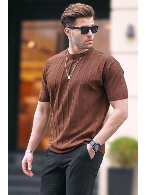 Madmext Kahverengi Beyaz Tişört 5684 - S000016102-19413