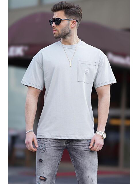 Madmext Boyalı Gri Oversize Cep Detaylı Erkek %100 Pamuk Tişört 7001 - S000161320-22875