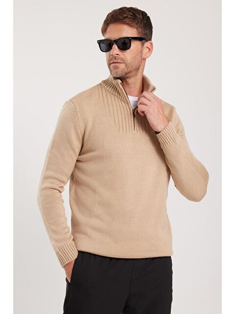 TUDORS Erkek Slim Fit Dar Kesim Armürlü Fermuarlı Taş Dik Yaka Kazak - S000519830-25636