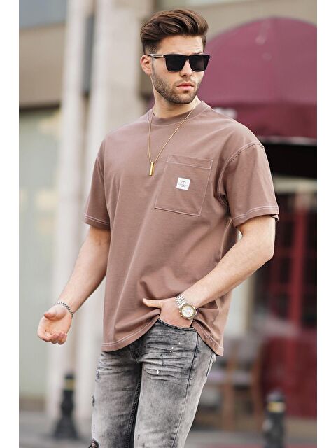 Madmext Kahverengi Oversize Cep Detaylı Erkek %100 Pamuk Tişört 7001 - S000161320-19413