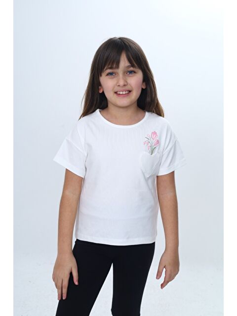 Toontoykids Kız Çocuk Baskılı  Bisiklet Yaka Düşük Omuz  Kısa Kollu Tişört & Cep Detaylı 25007