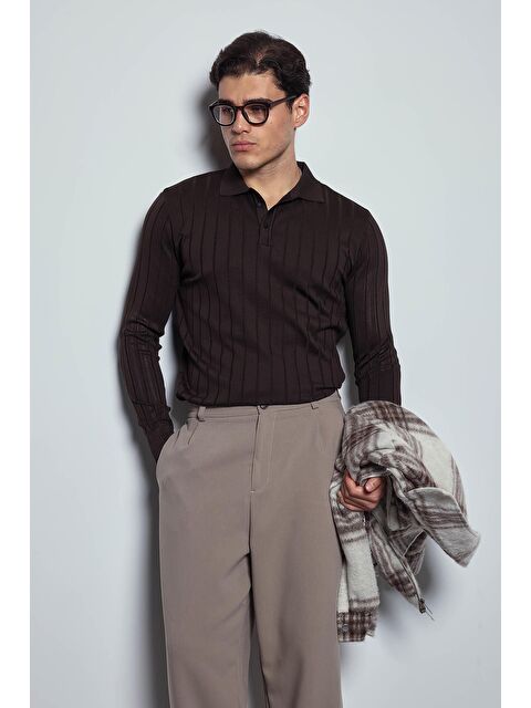 Abluka Online Erkek Slim Fit Premium Kumaş Polo Yaka Düğmeli Kazak Kahverengi - S000487345-19413