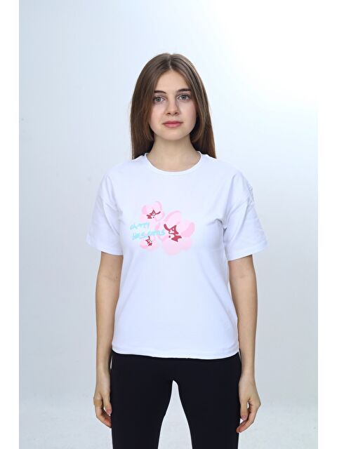 Toontoykids Kız Çocuk Bisiklet Yaka Düşük Omuz Kısa Kollu Baskılı Tişört 25011