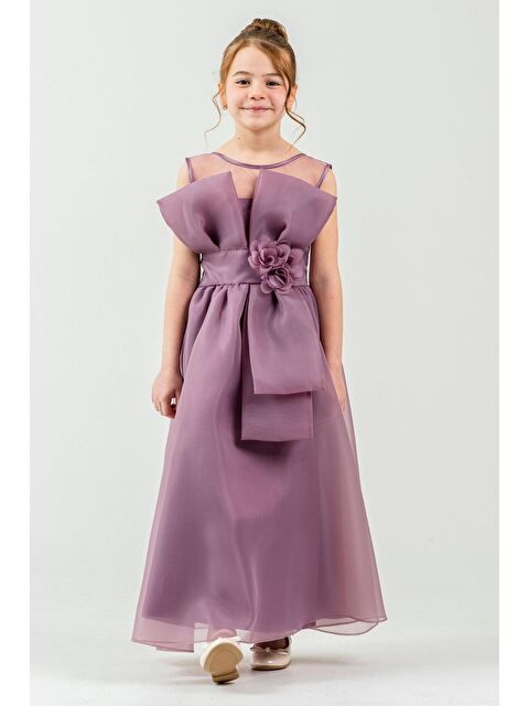 Mnk Baby & Kids Kız Çocuk Organze Tül Çiçek ve Fiyonk Detaylı Gipe Sırtlı Prenses Abiye Elbise M00800 - S000509447-20036