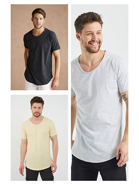 Tarz Cool Gri-Antrasit-Ay Işığı Sarı Erkek Basic Slim 3'lü Paket Kısa Kollu %100 Pamuk Tişört - S000223230-09