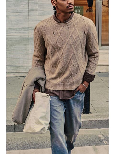 Abluka Online Erkek Oversize Desenli Triko Kazak Taş - S000487348-25636