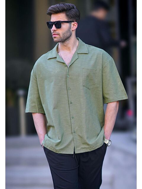 Madmext Haki Kısa Kollu Oversize Erkek %100 Pamuk Gömlek 6737 - S000161324-18547