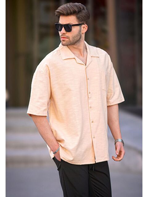 Madmext Bej Kısa Kollu Oversize Erkek %100 Pamuk Gömlek 6737 - S000161324-19928